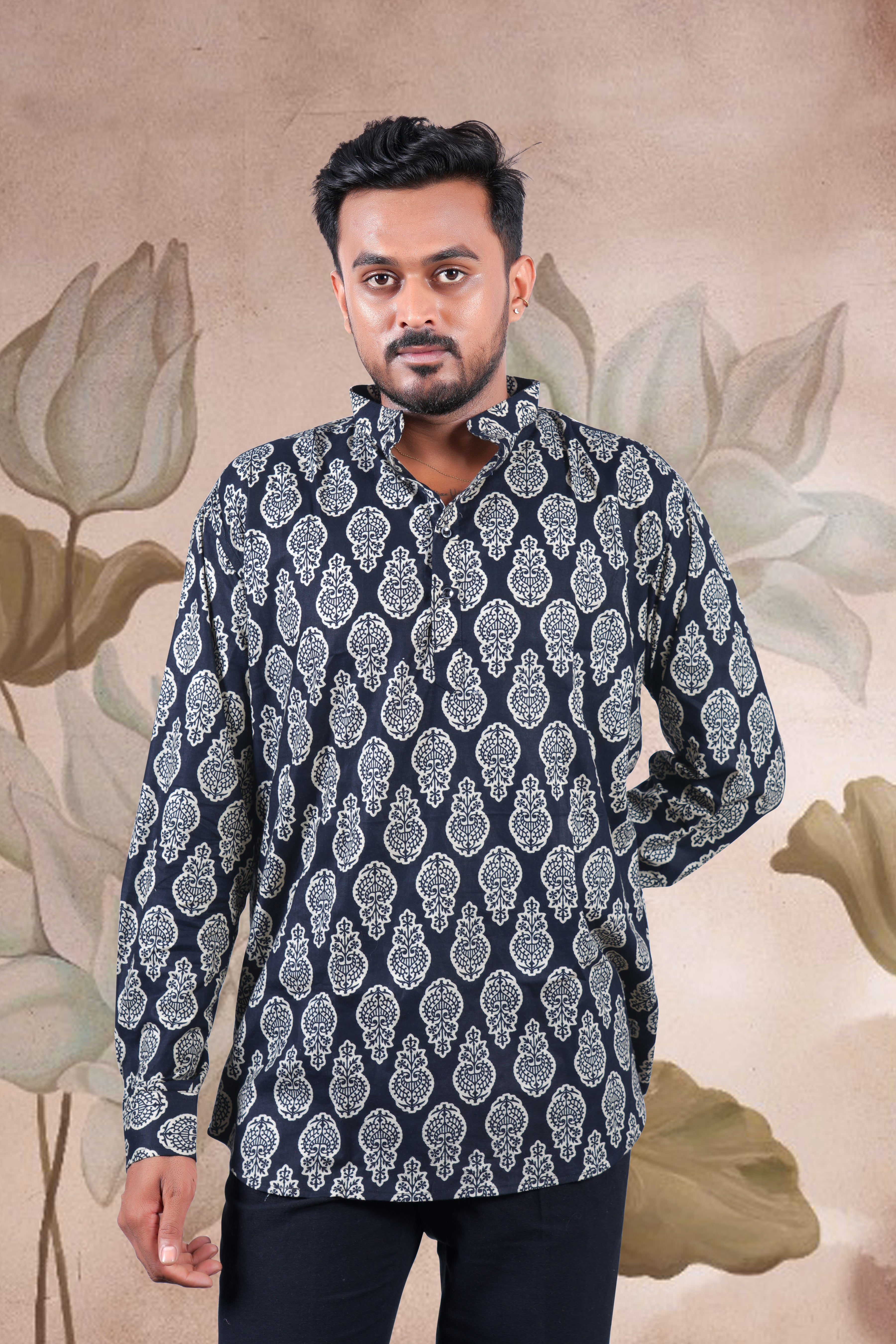 Black Paisley Print Cotton Short Kurta