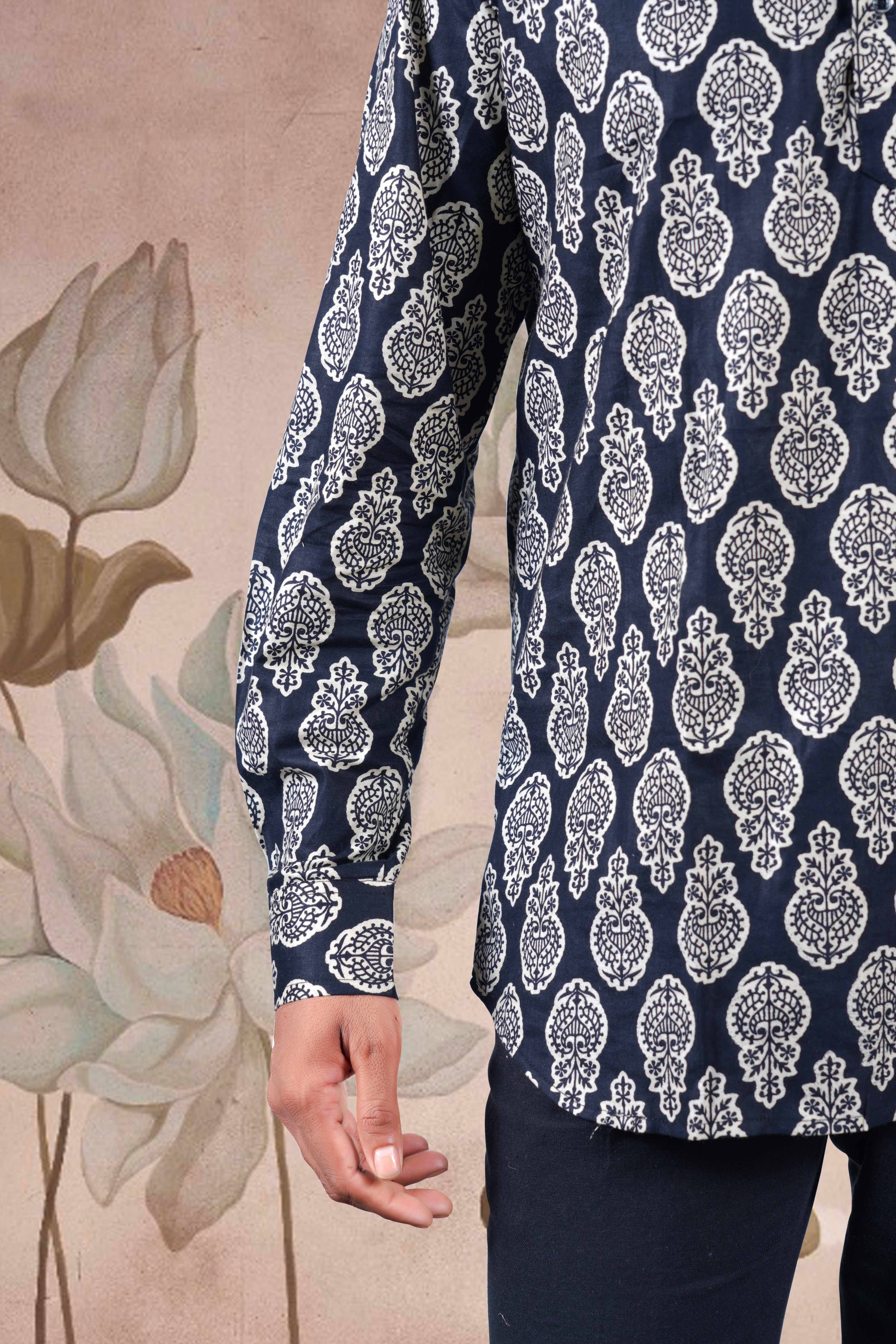 Black Paisley Print Cotton Short Kurta