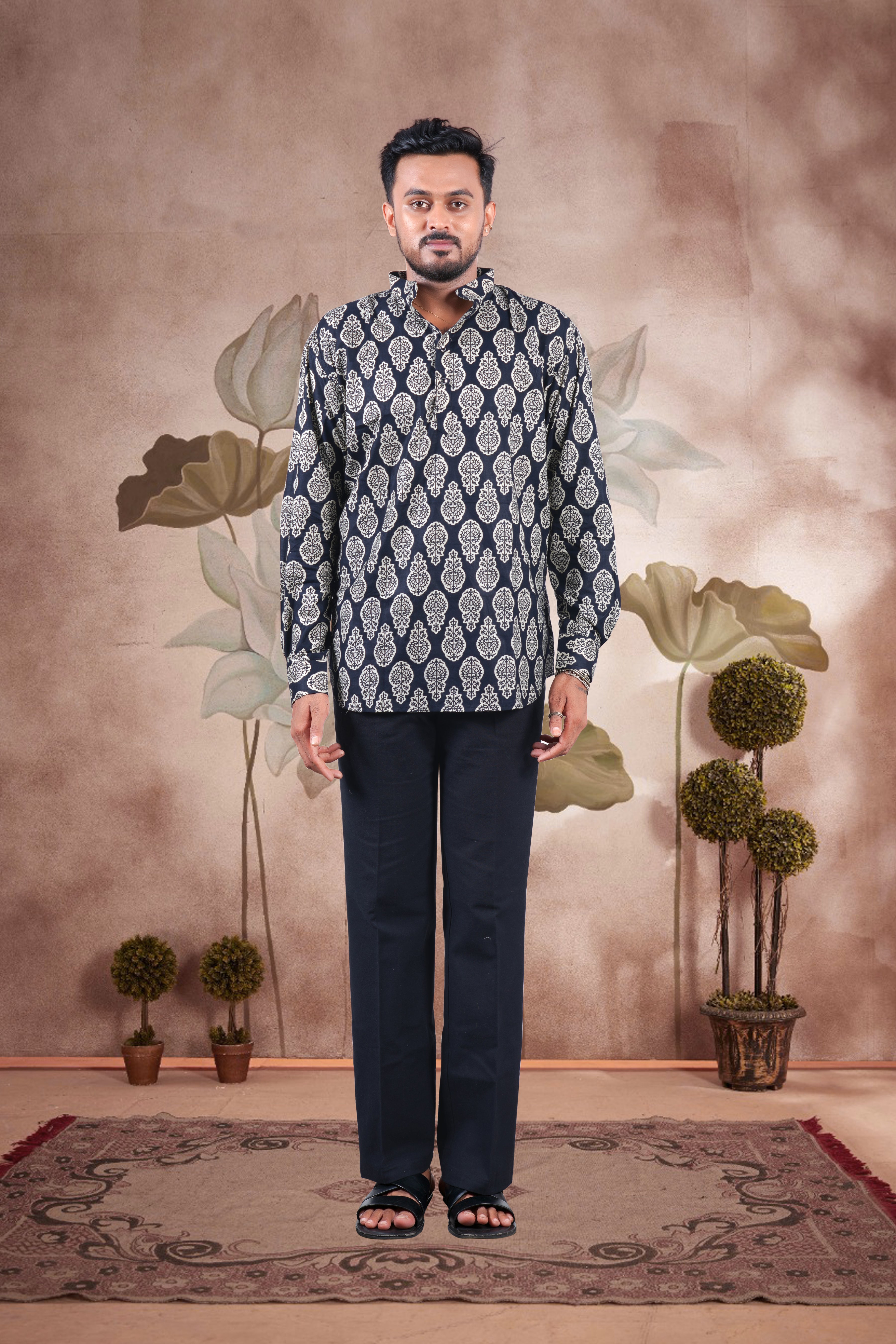 Black Paisley Print Cotton Short Kurta