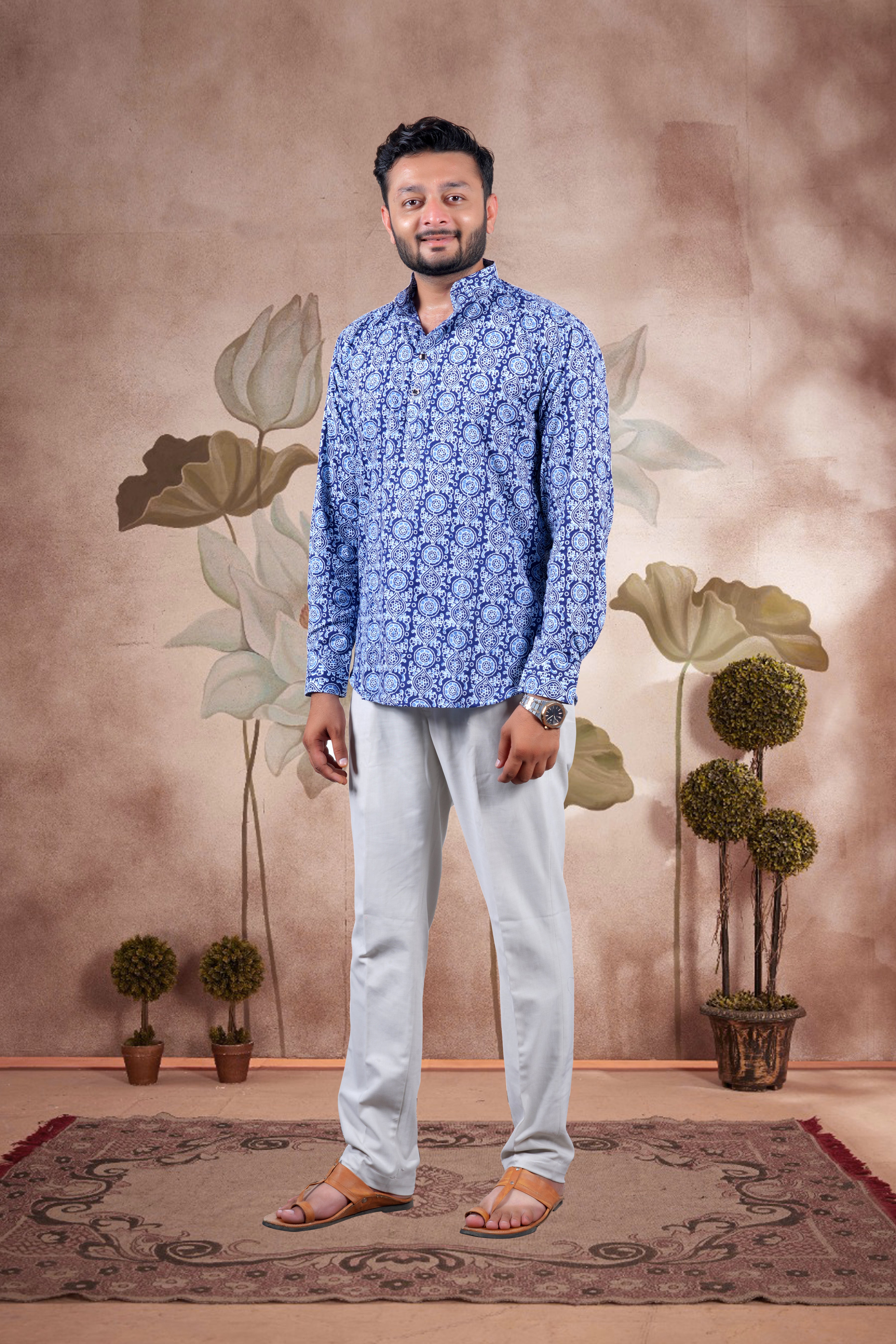 Indigo Circular Print Cotton Short Kurta