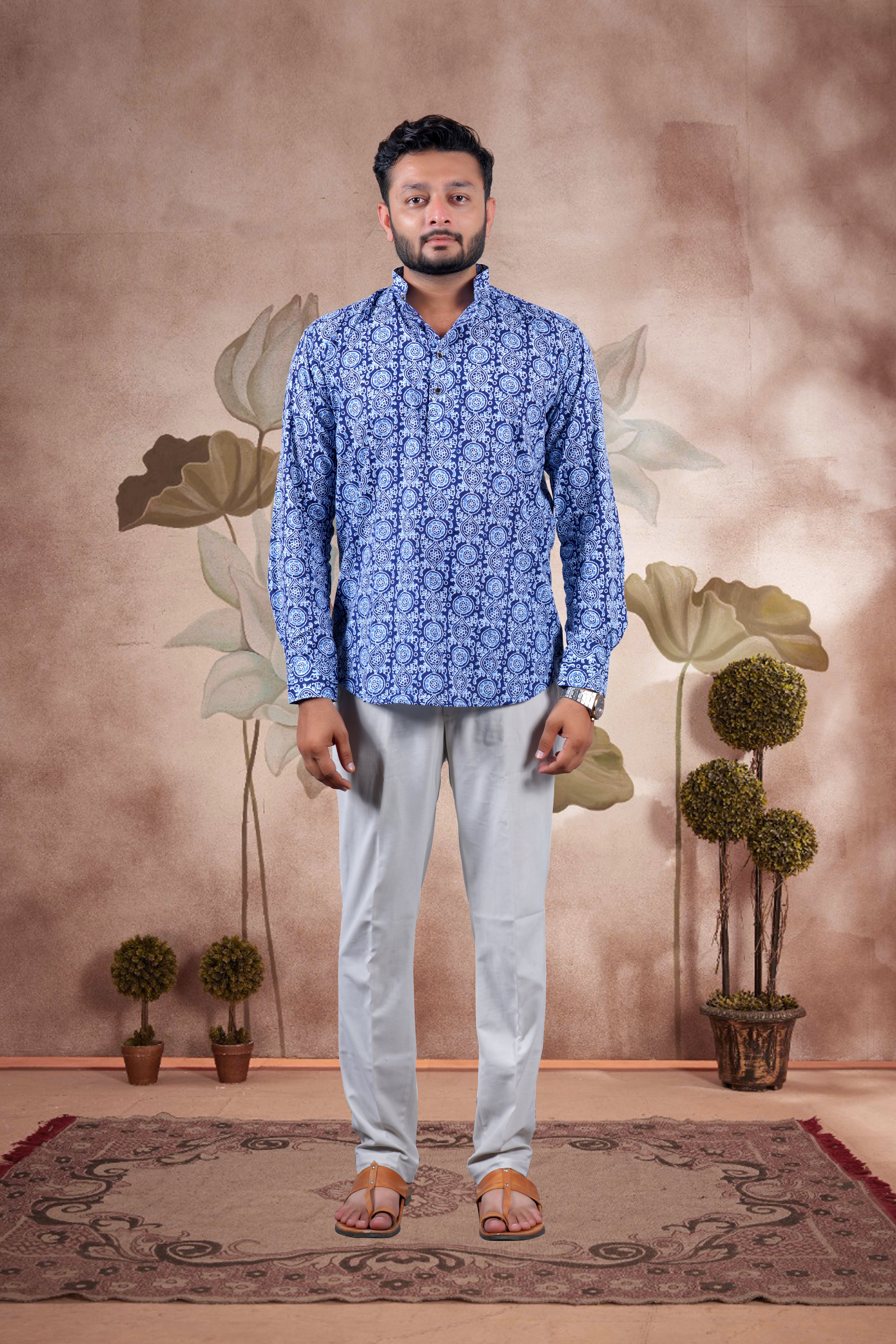 Indigo Circular Print Cotton Short Kurta