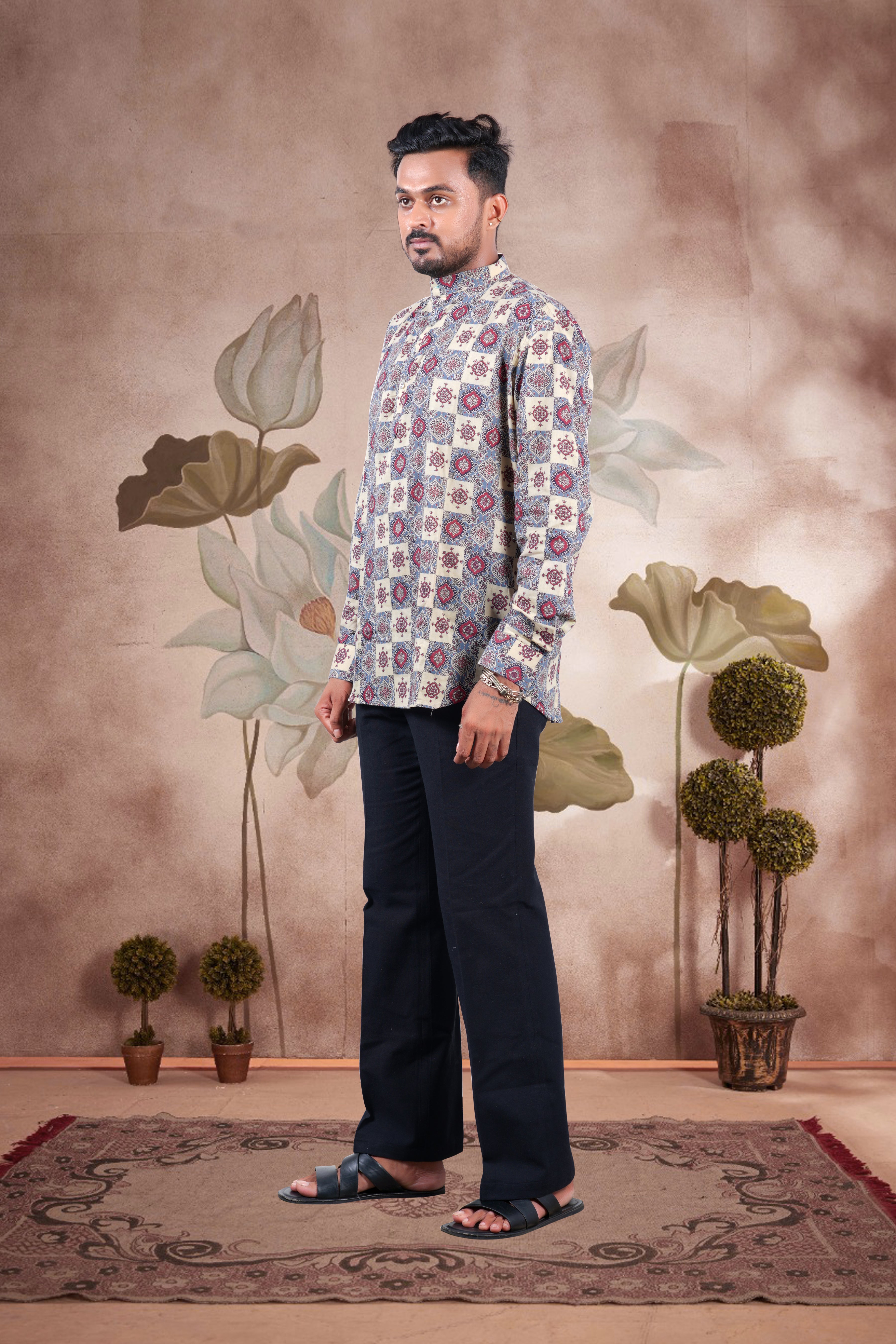 Beige Ajrakh Digital Print Cotton Short Kurta