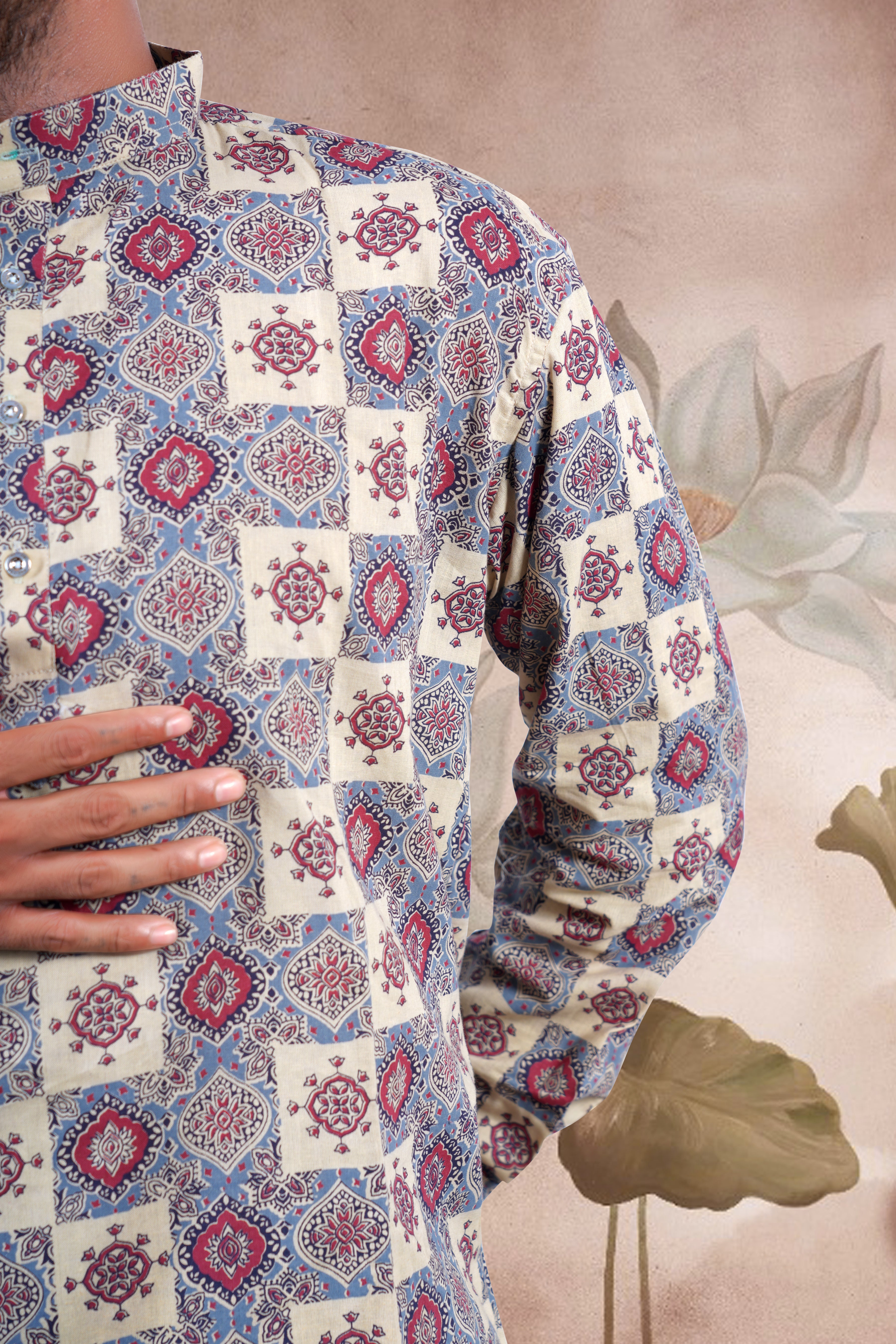 Beige Ajrakh Digital Print Cotton Short Kurta