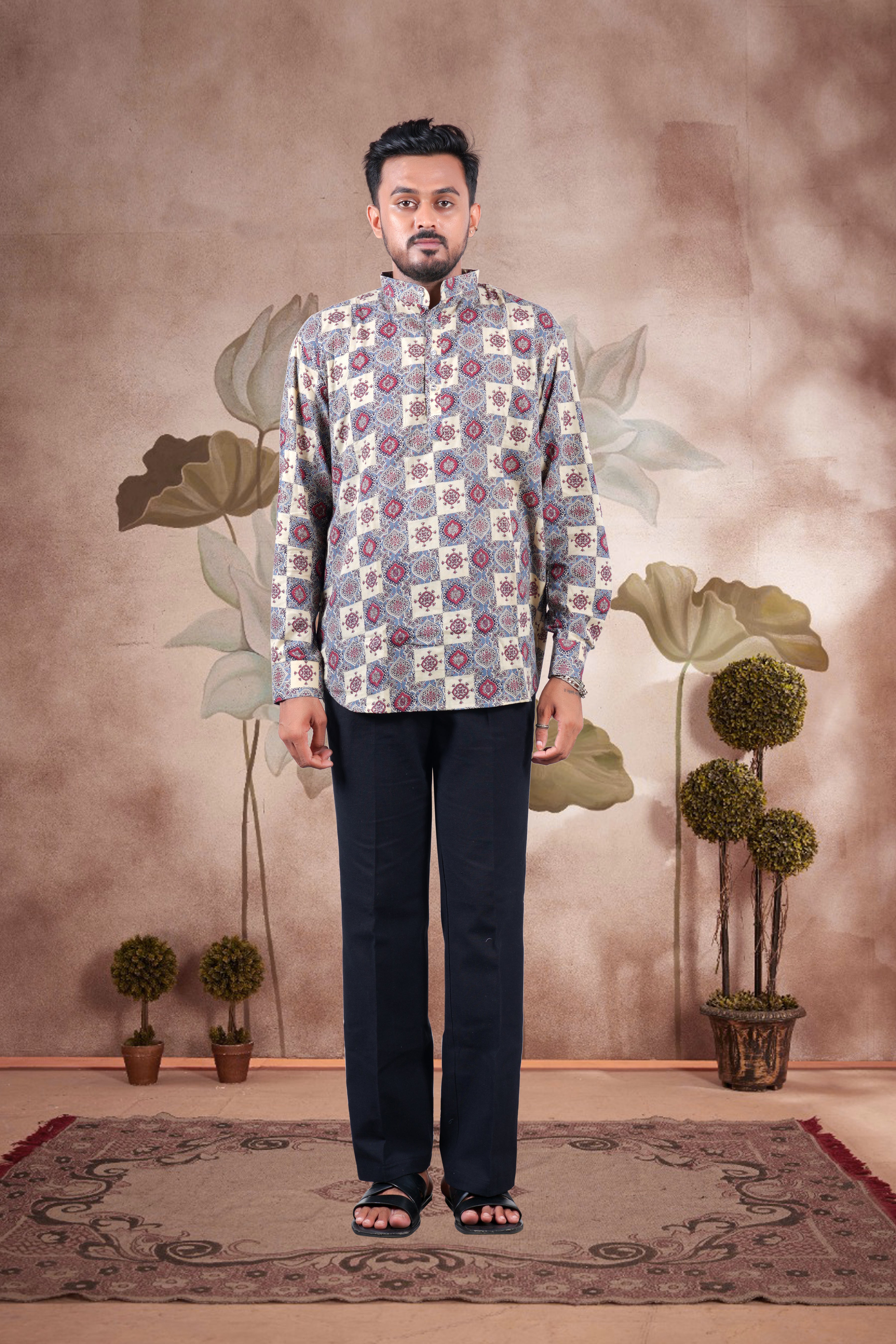 Beige Ajrakh Digital Print Cotton Short Kurta