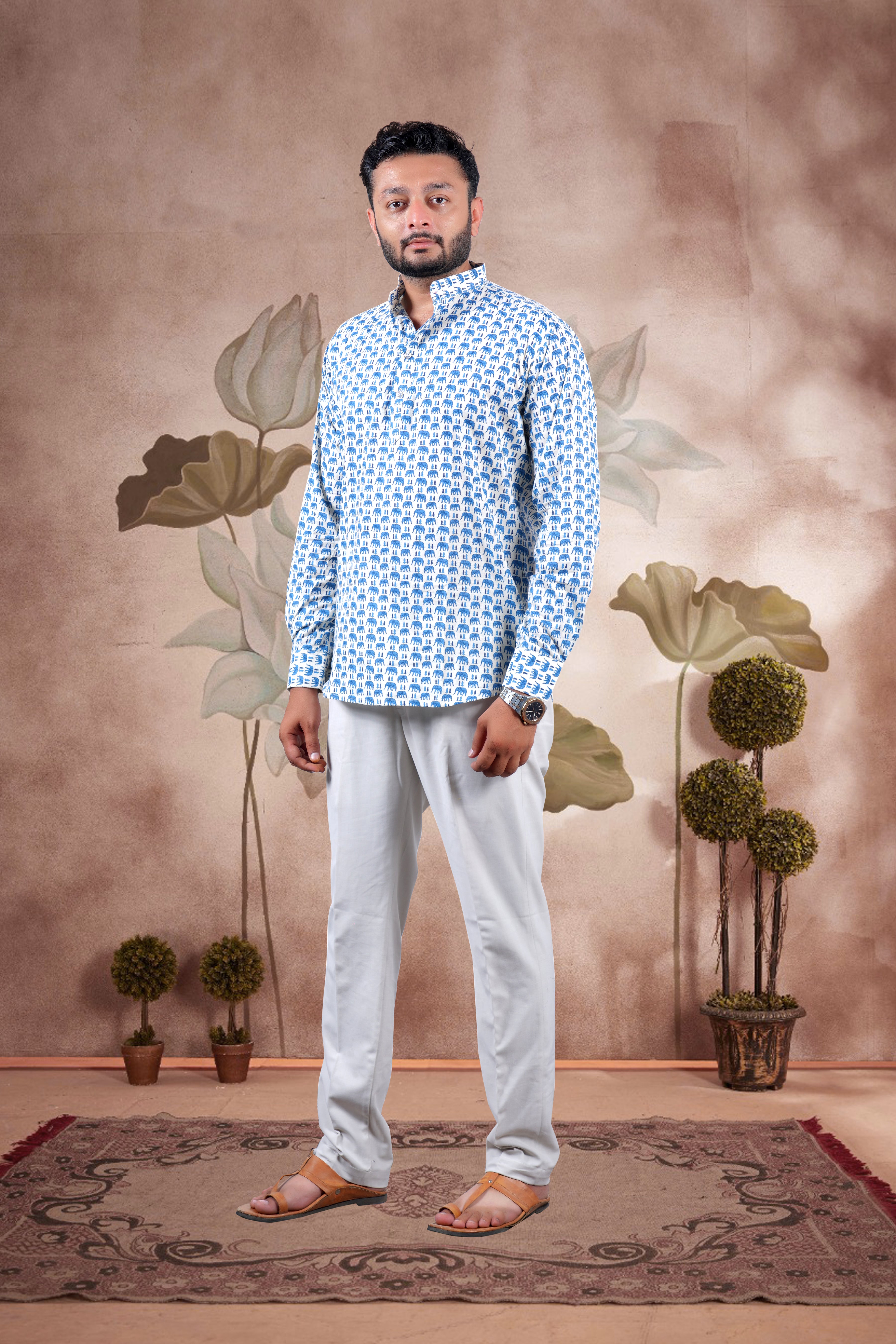 Cream Animal Print Cotton Short Kurta