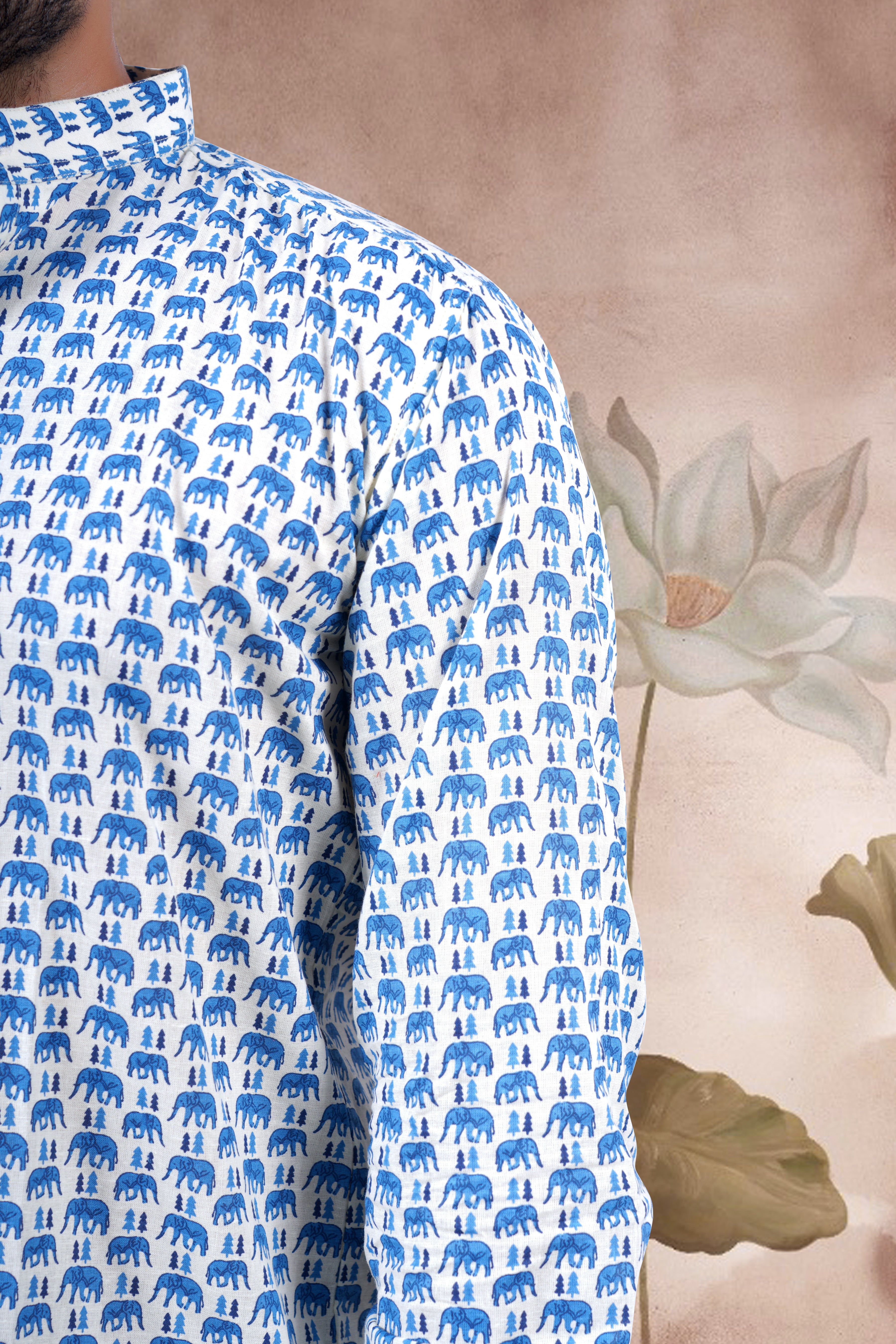 Cream Animal Print Cotton Short Kurta