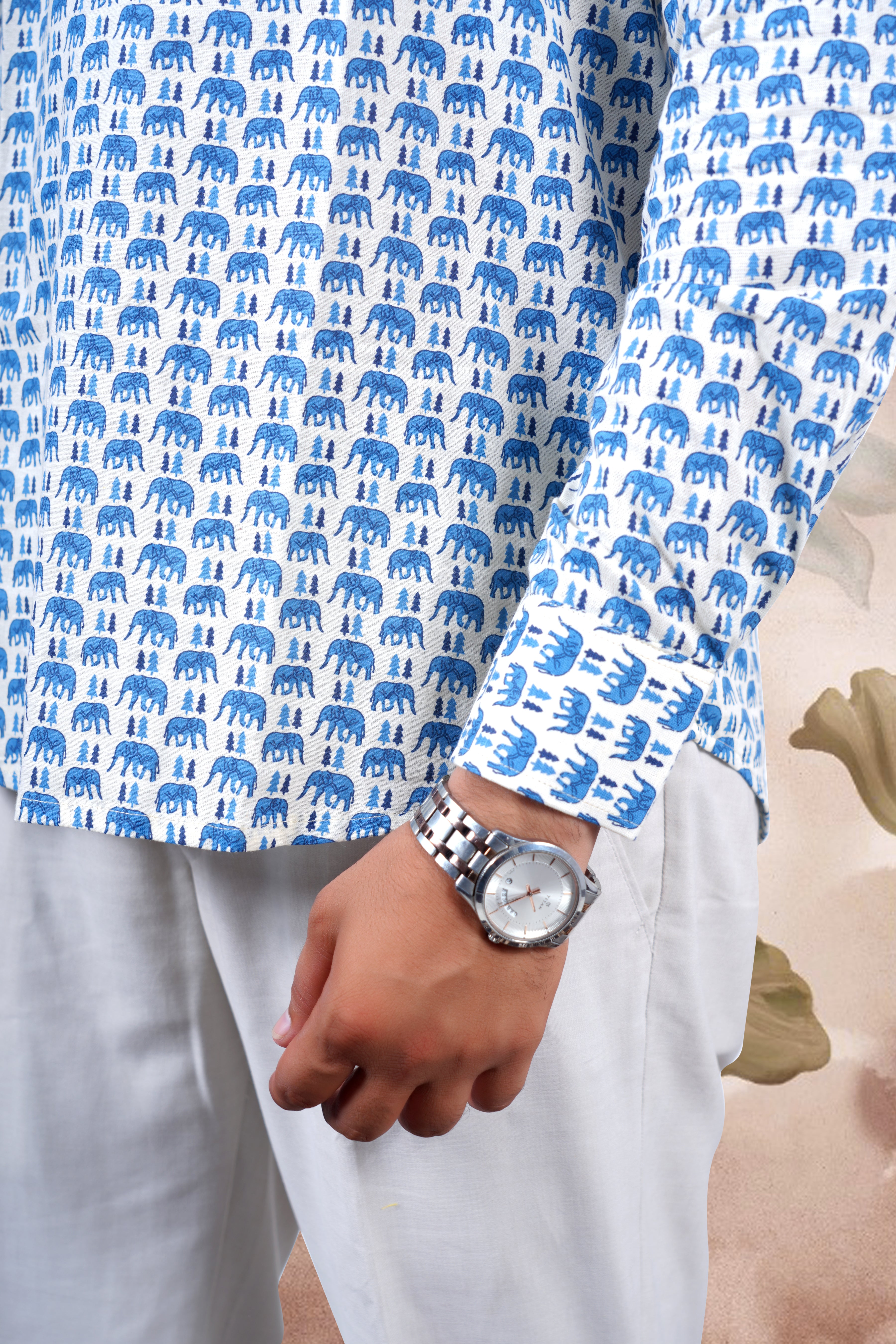 Cream Animal Print Cotton Short Kurta