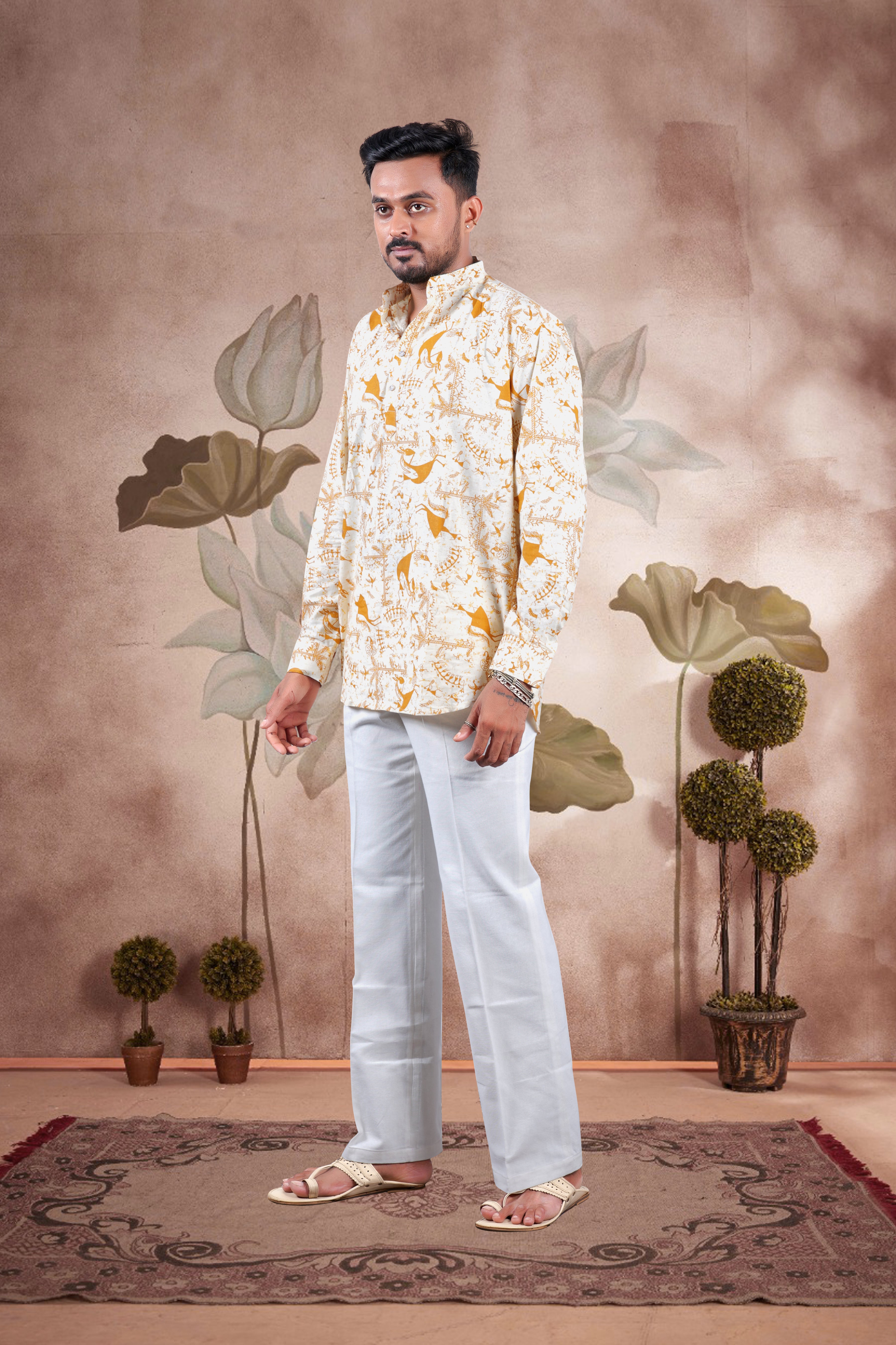 Mustard Warli Print Cotton Short Kurta