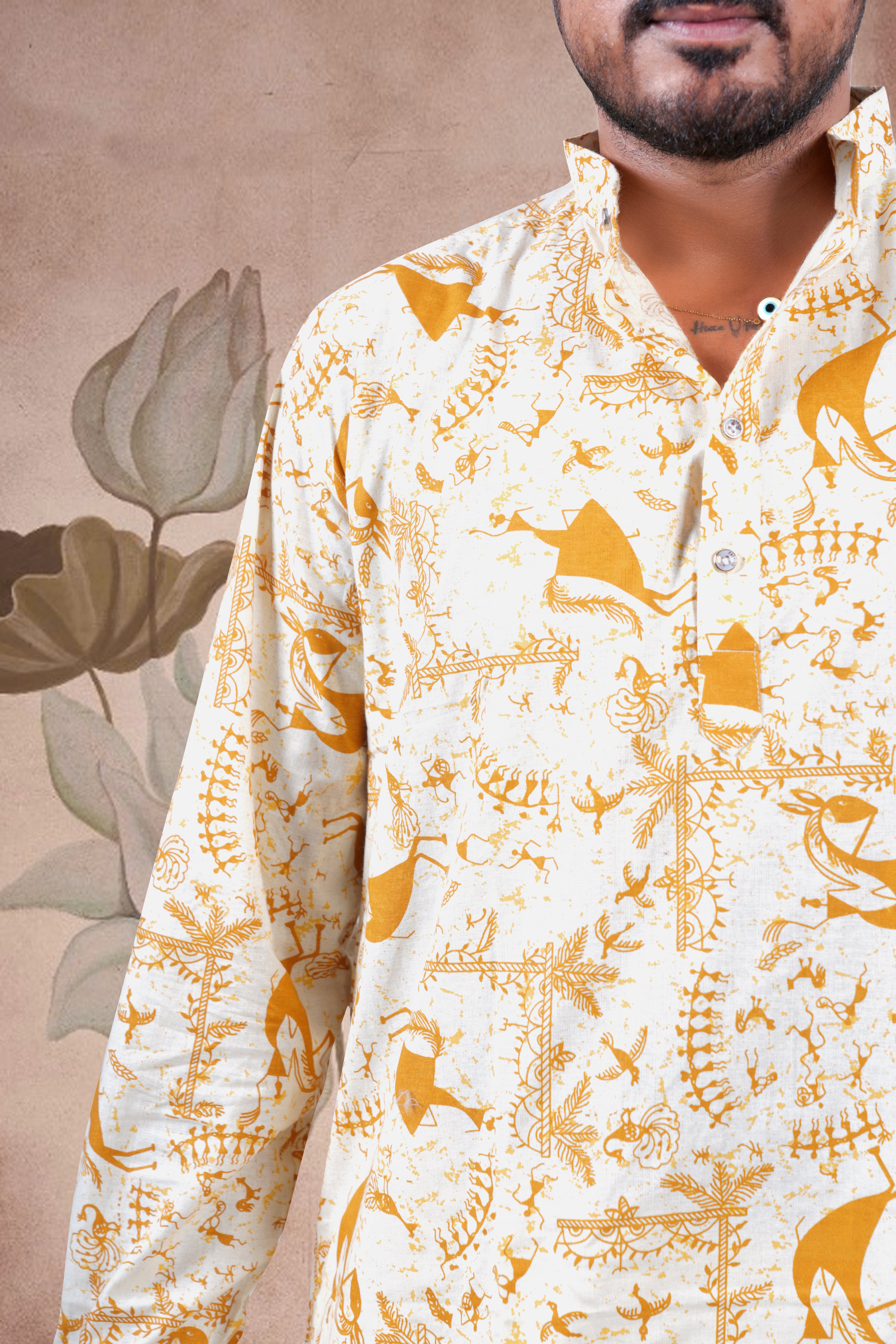 Mustard Warli Print Cotton Short Kurta