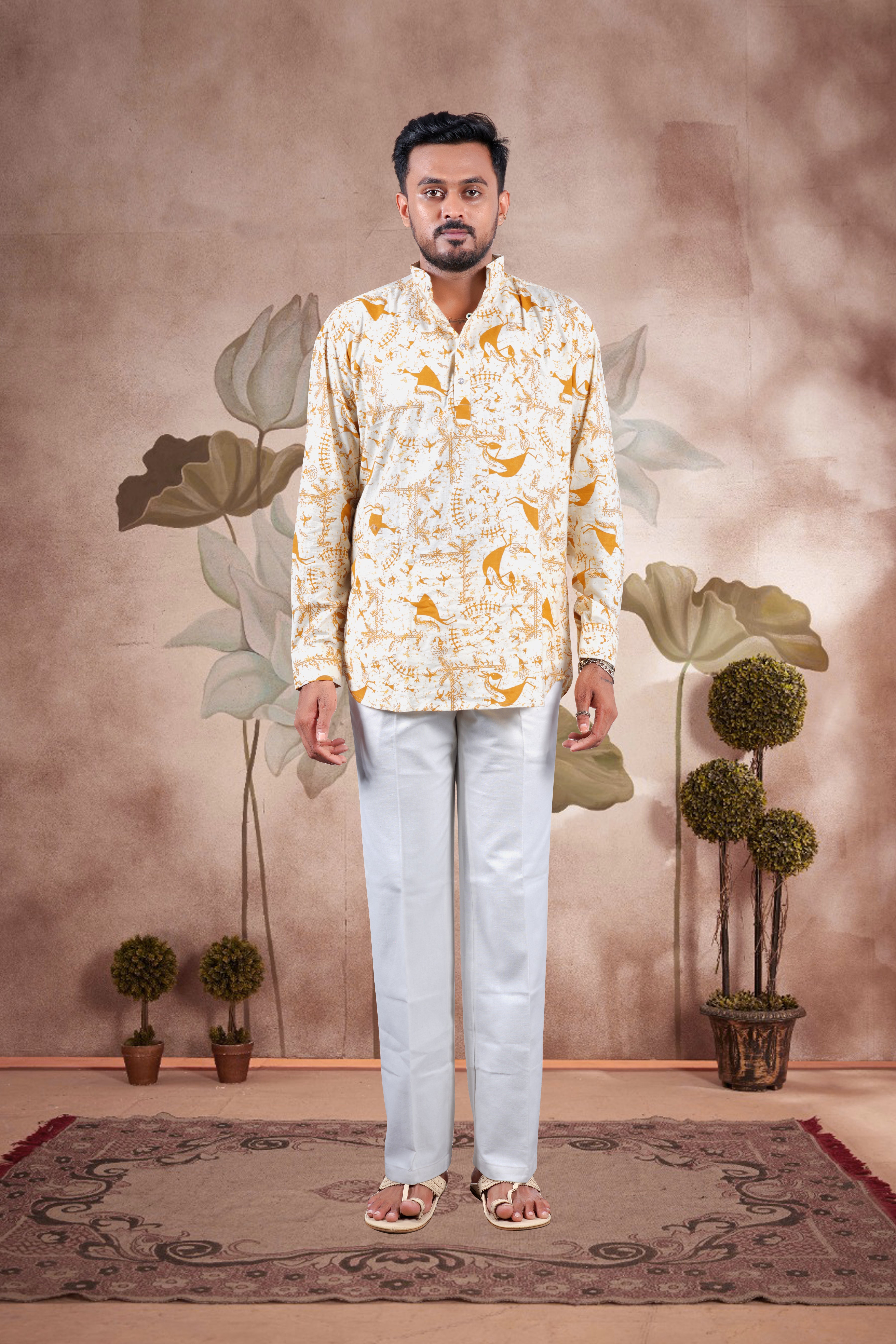 Mustard Warli Print Cotton Short Kurta