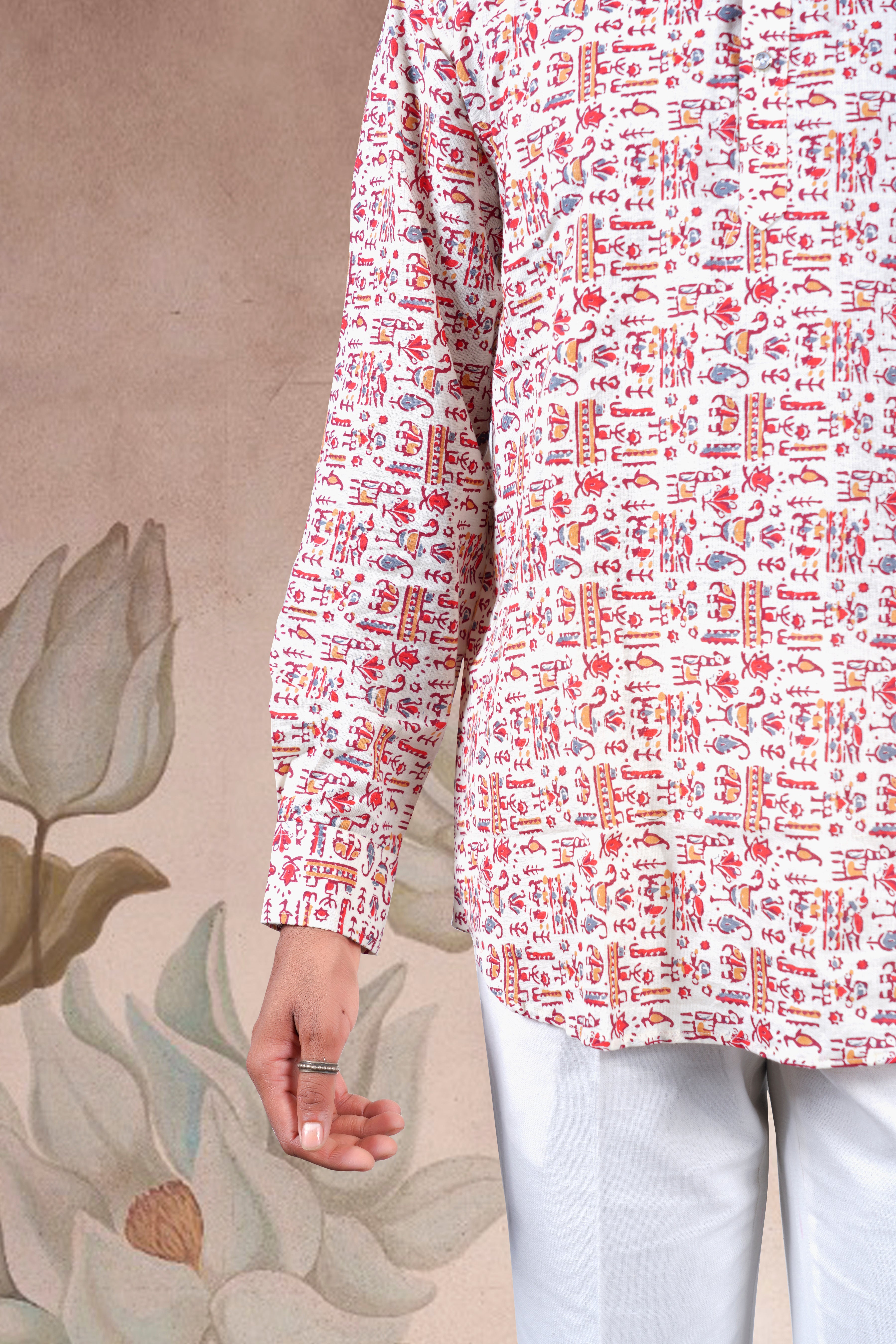 Cream Animal Skin Print Cotton Short Kurta