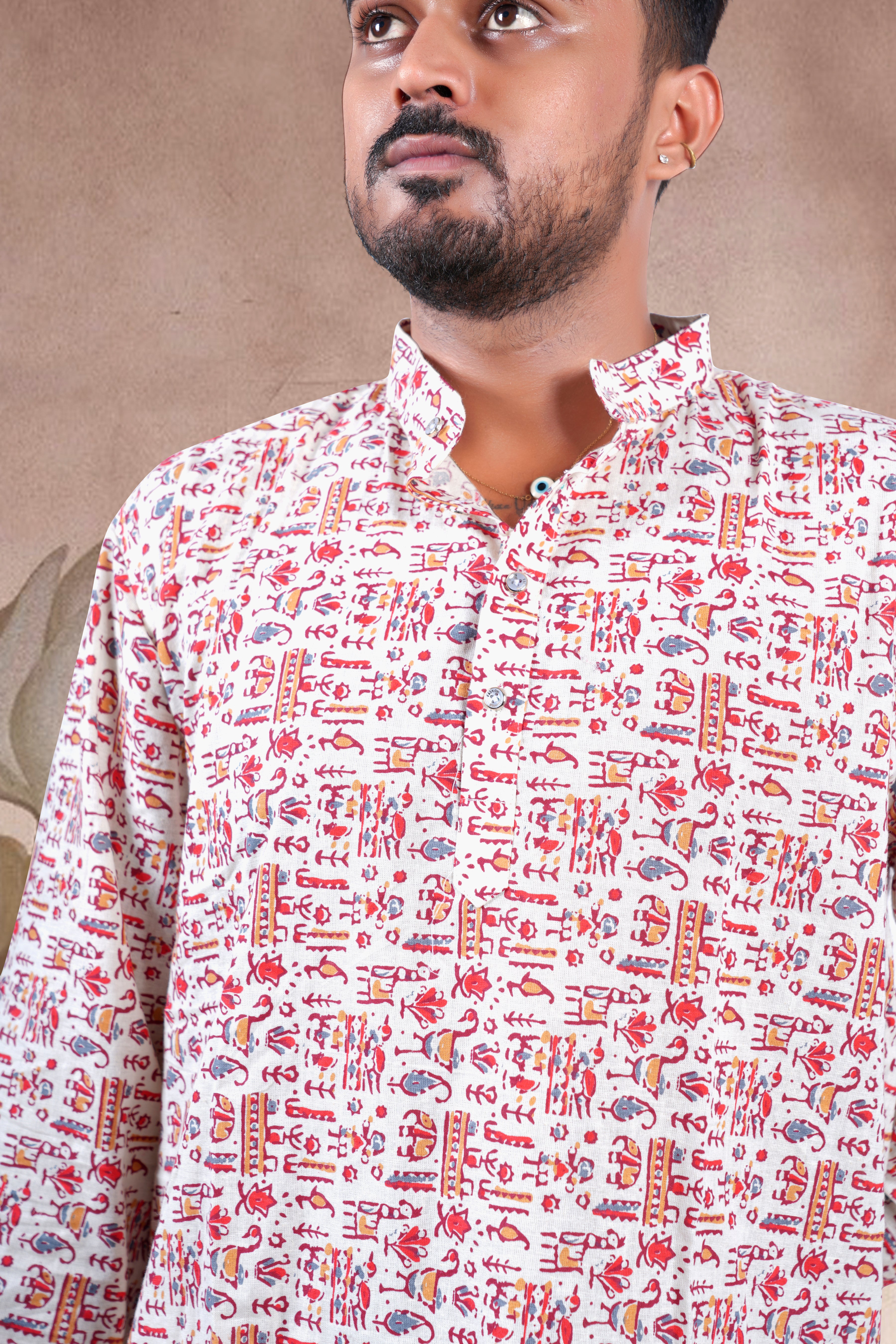 Cream Animal Skin Print Cotton Short Kurta