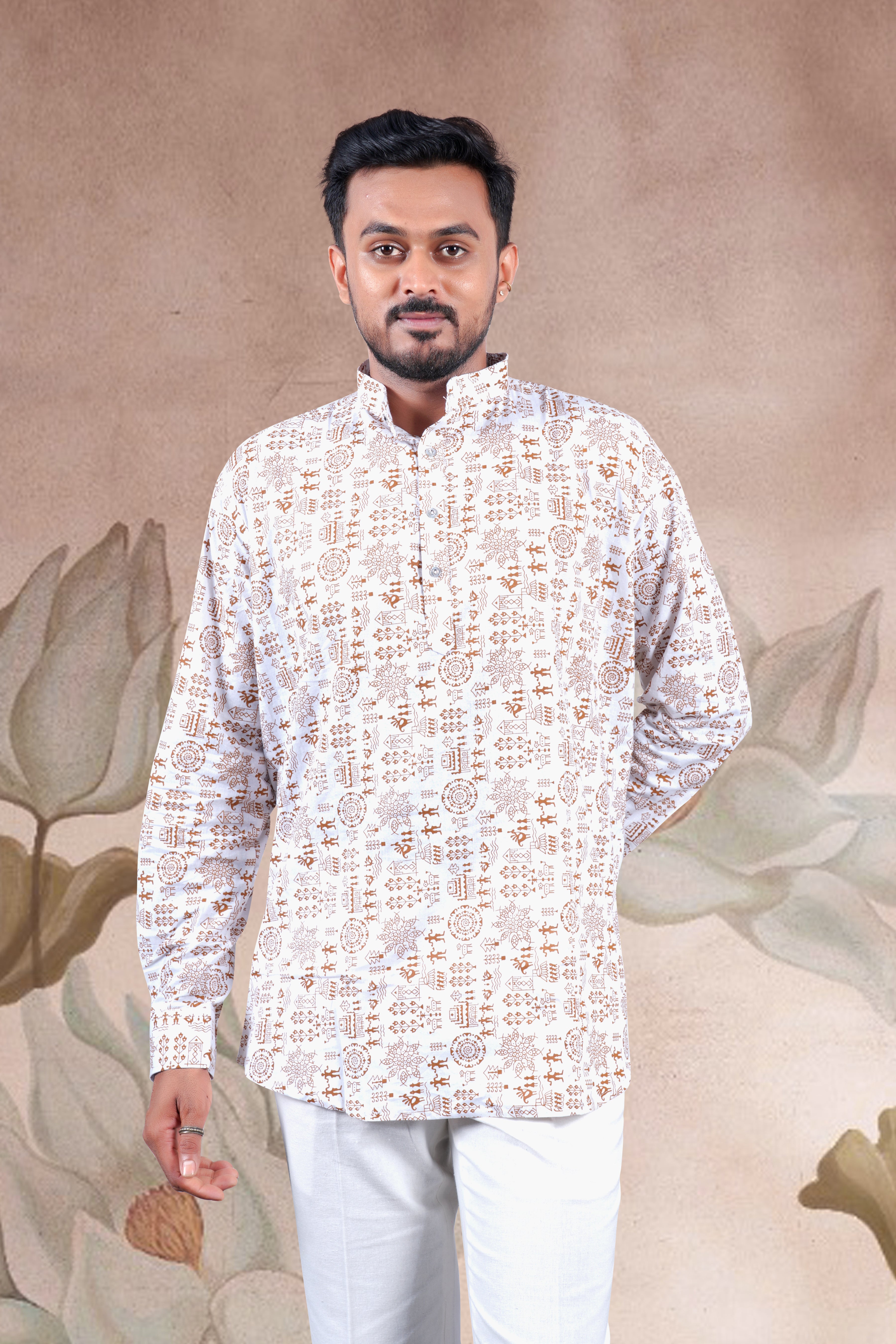 White Warli Art Printed Cotton Short Kurta