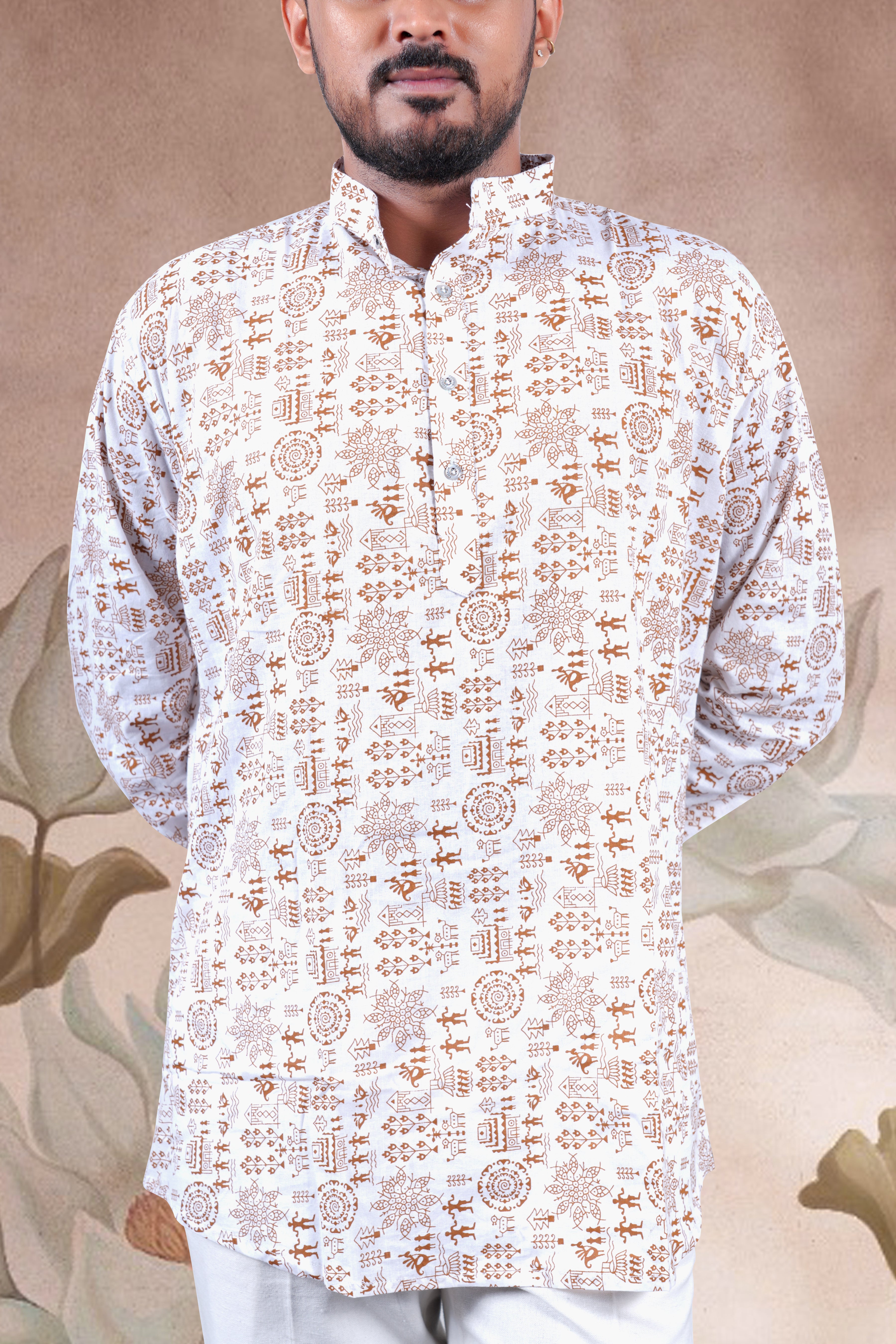 White Warli Art Printed Cotton Short Kurta