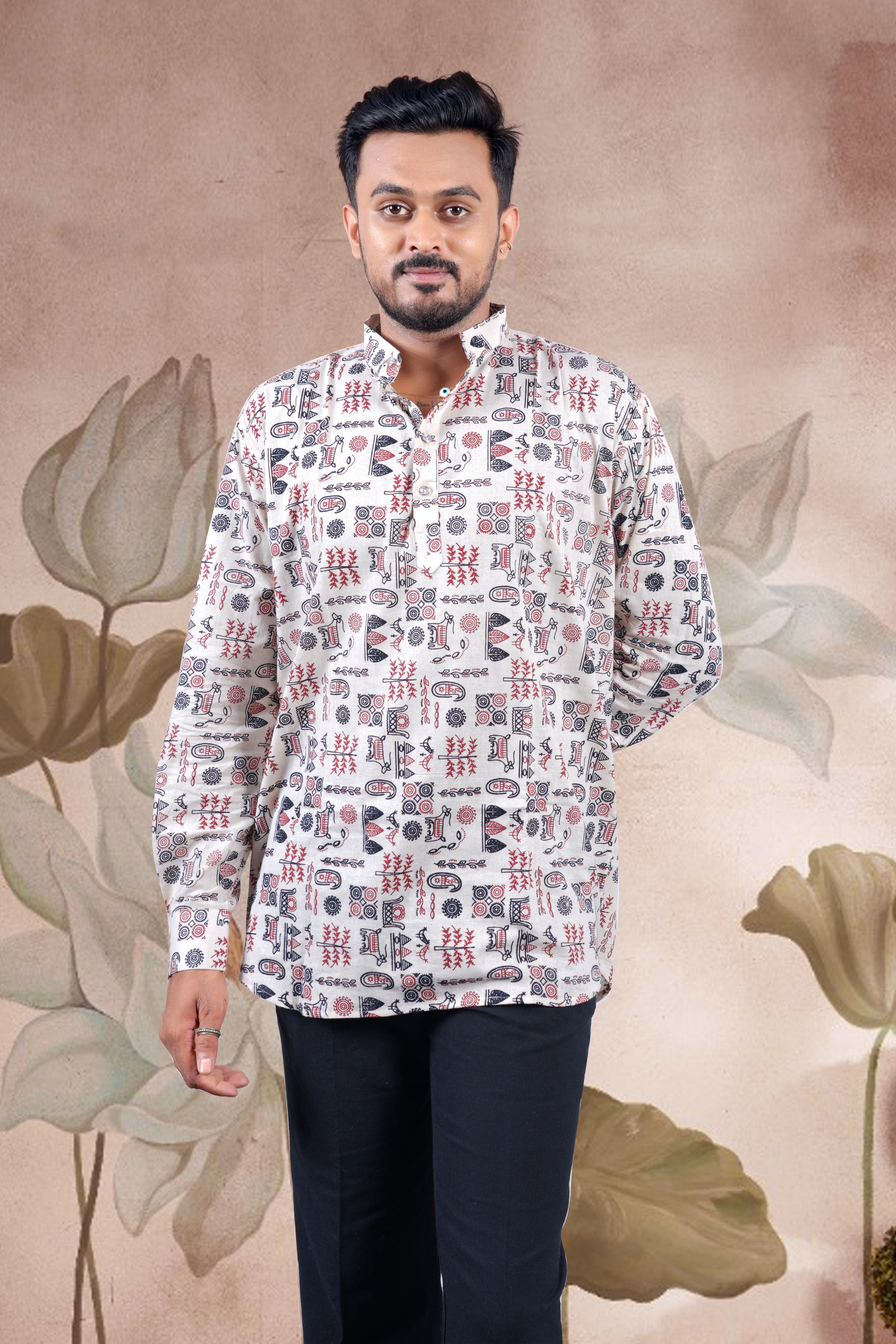 Beige Tribal Print Cotton Short Kurta