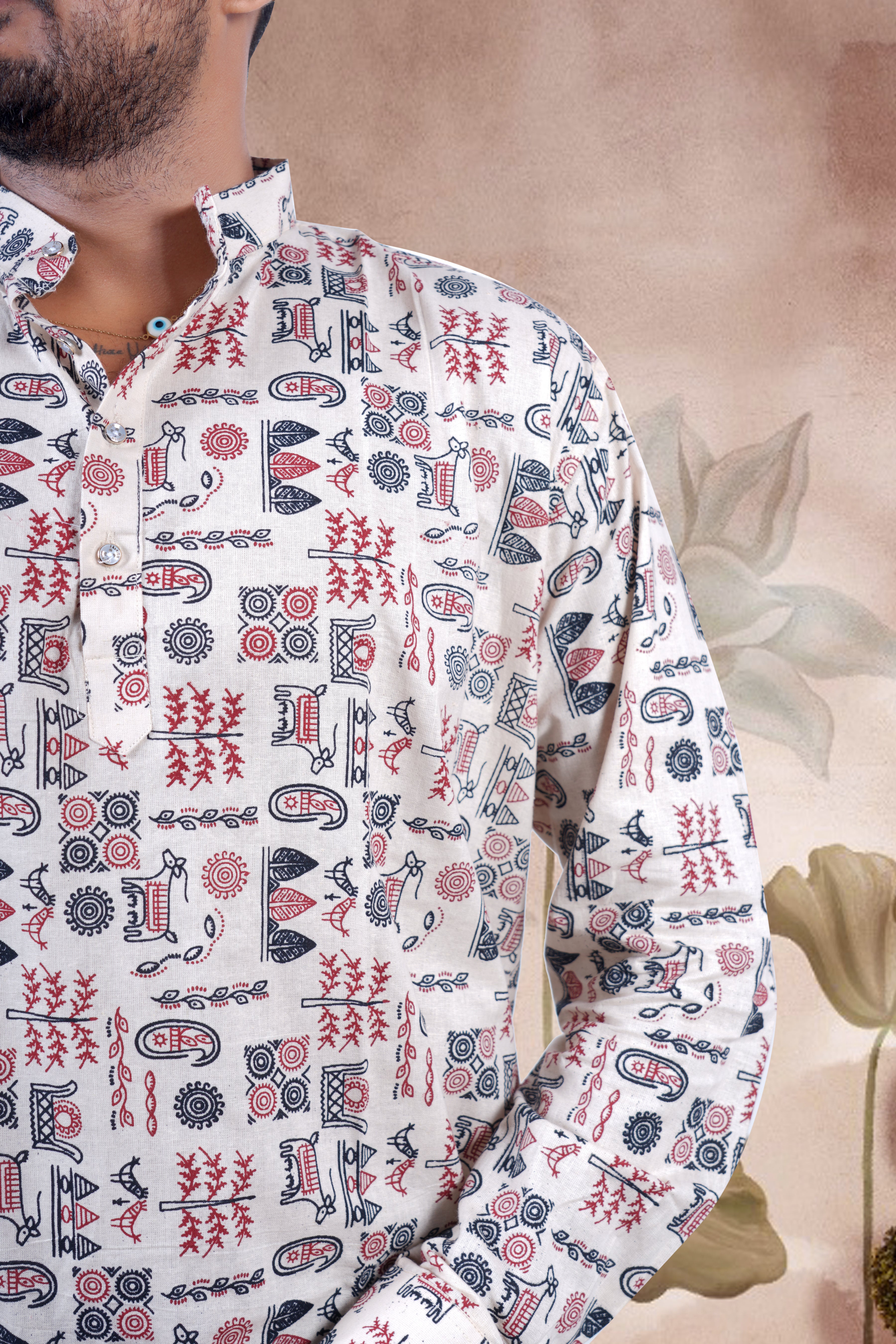 Beige Tribal Print Cotton Short Kurta