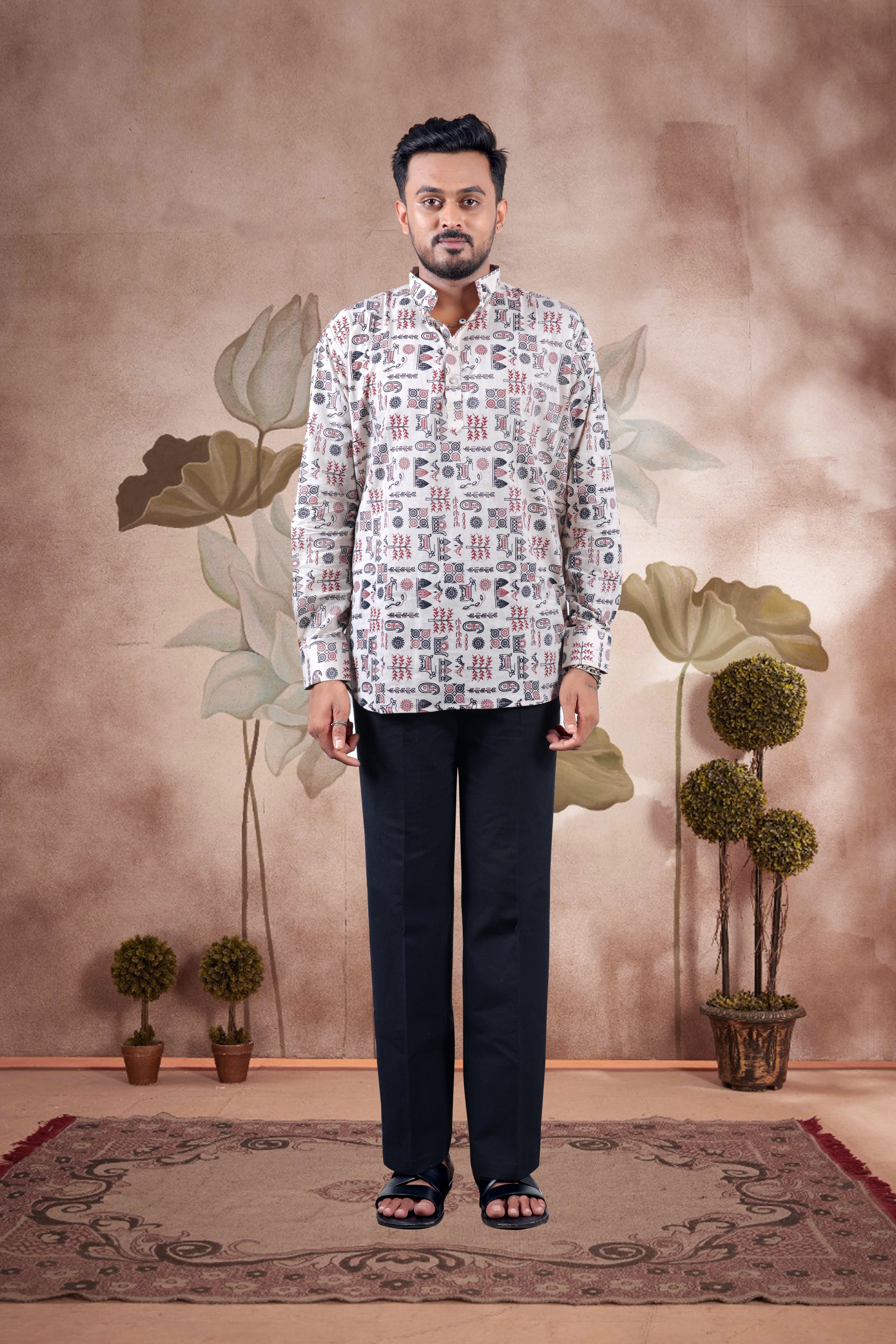 Beige Tribal Print Cotton Short Kurta