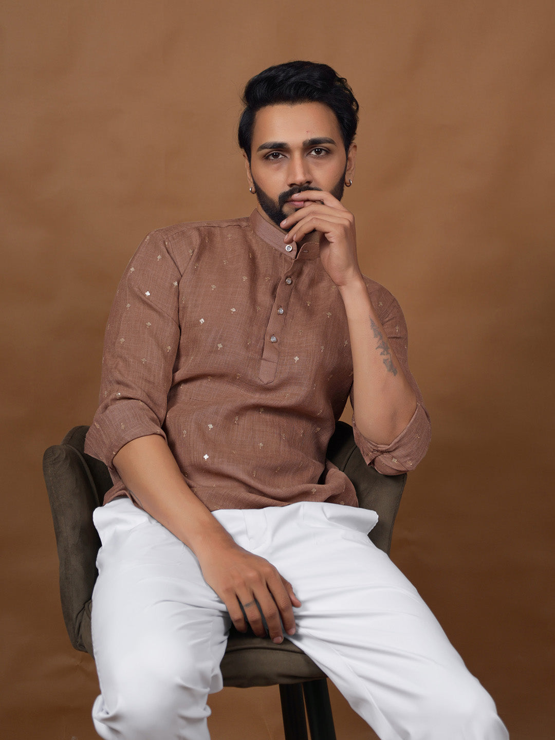Brown Embroidered Short Kurta