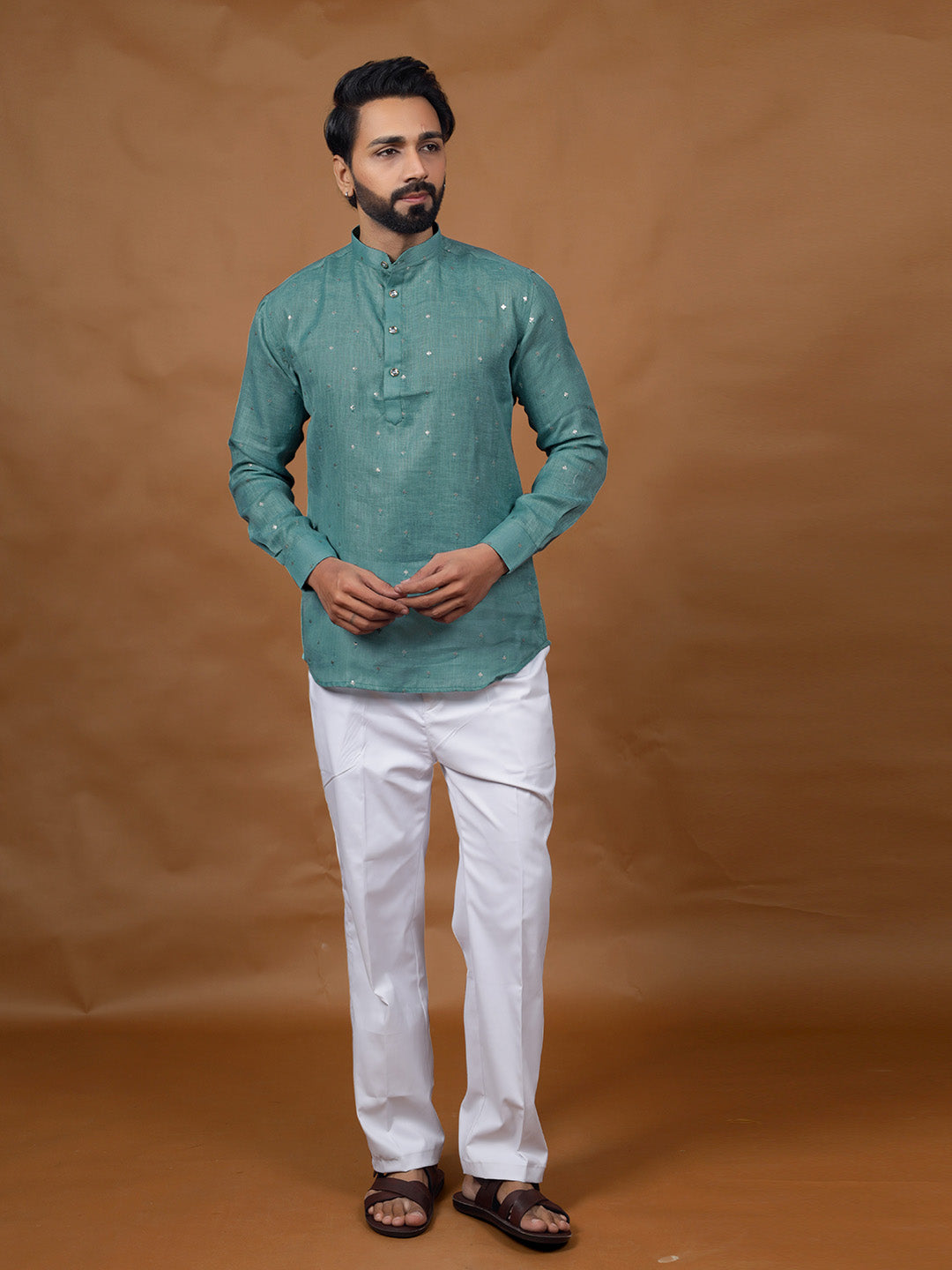 Rama Green Embroidered Short Kurta