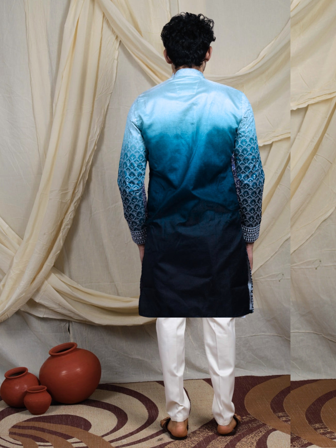 Petrol blue lucknowy embroidered work kurta