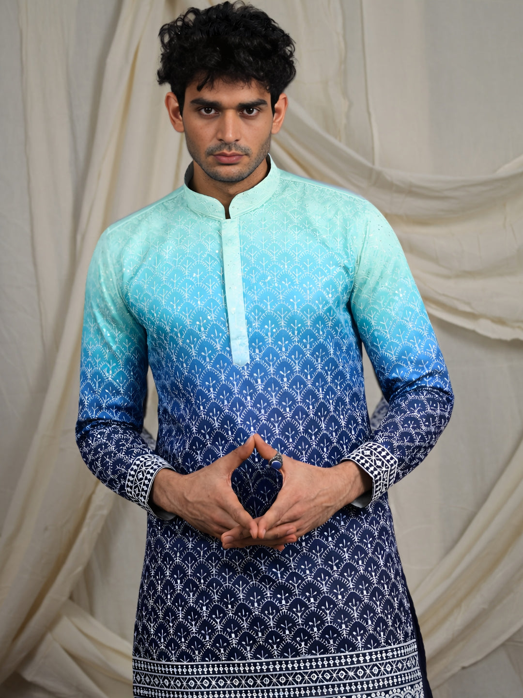 Petrol blue lucknowy embroidered work kurta