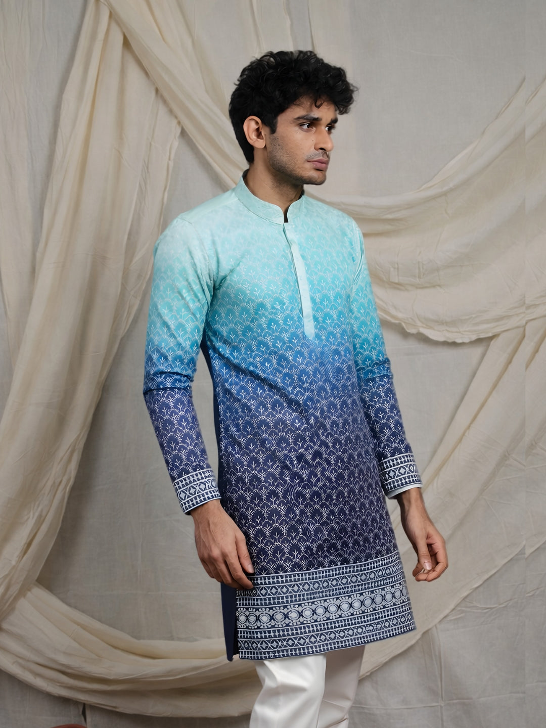Petrol blue lucknowy embroidered work kurta